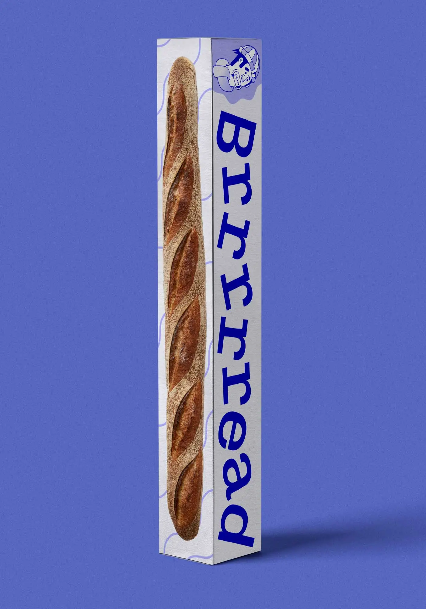 nuovo design della scatola di Brrrrread posizionata in verticale su sfondo blu
