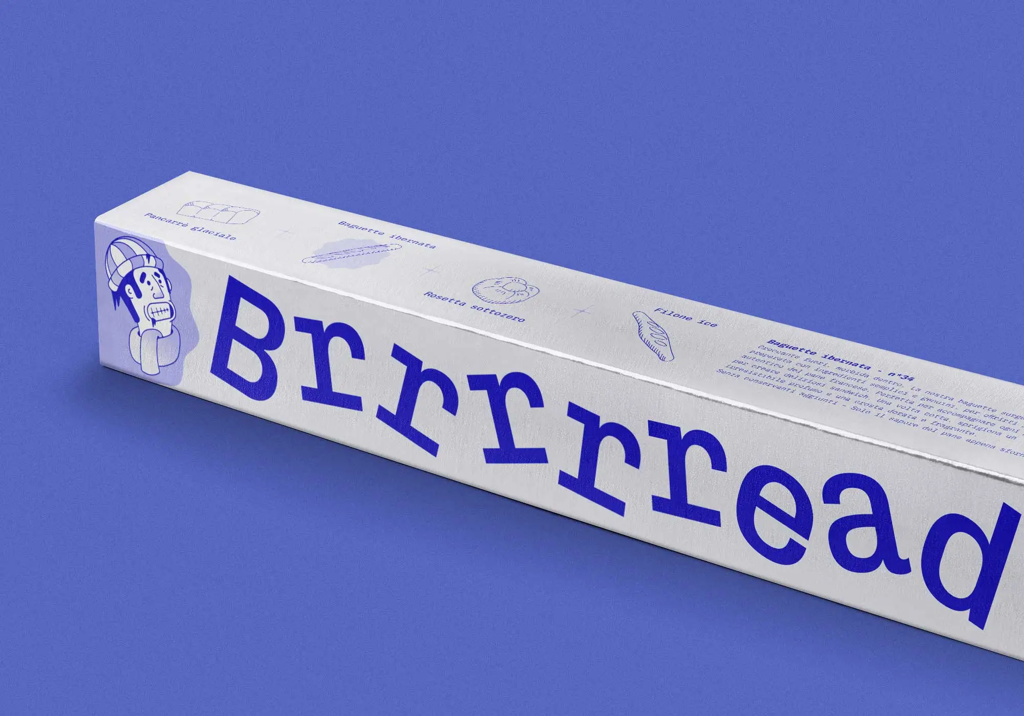 scatola di Brrrrread sdraiata su sfondo blu facendo vedere il suo contenuto