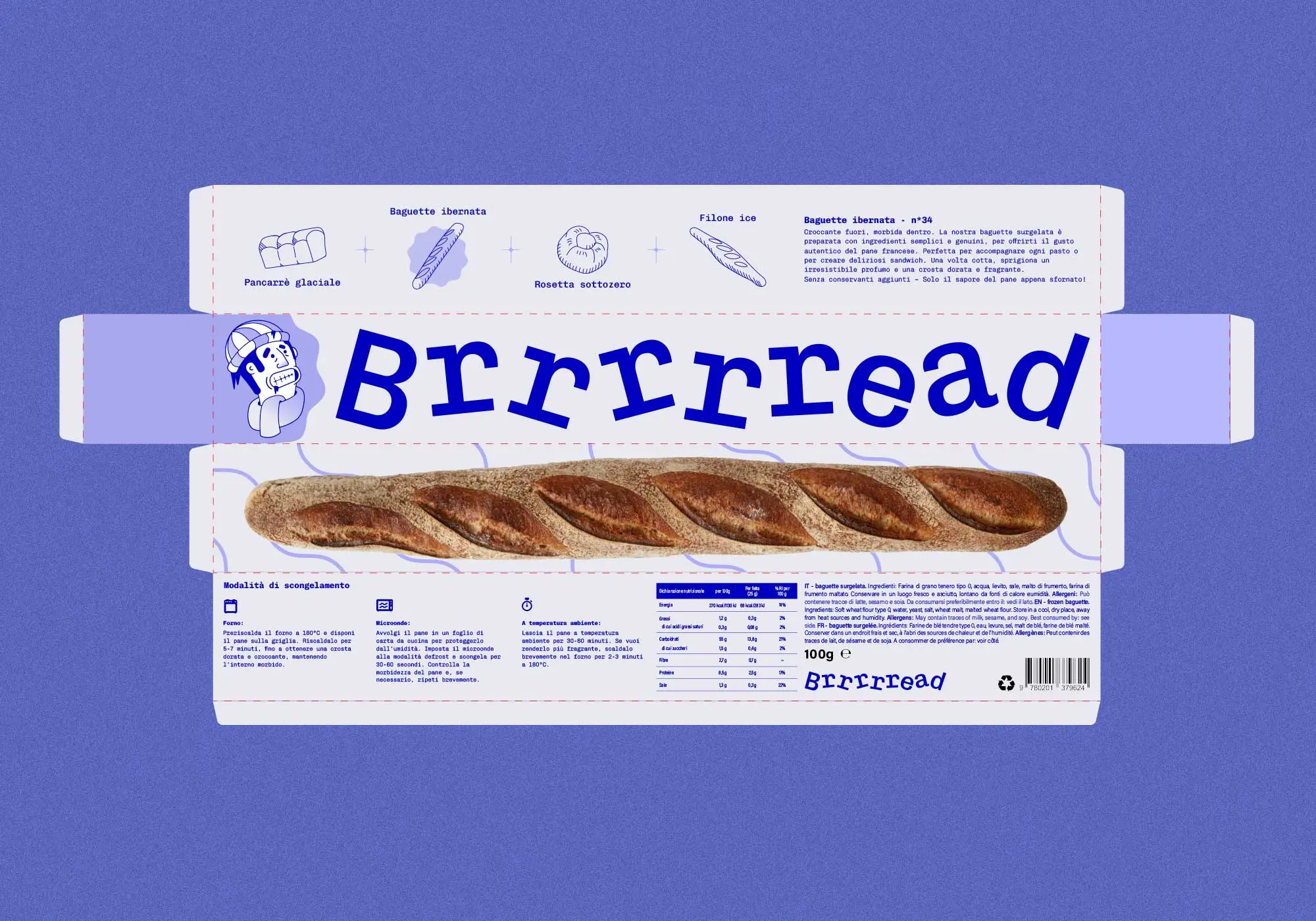 visualizzazione di tutte le facciate del nuovo packaging di Brrrrread
