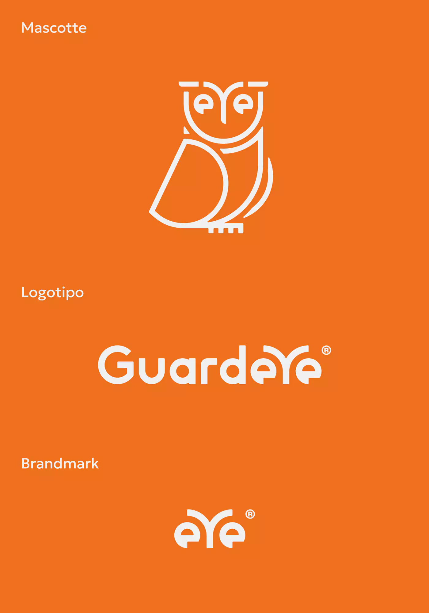mascotte, brandmark e logotipo del brand Guardeye visualizzati separatamente