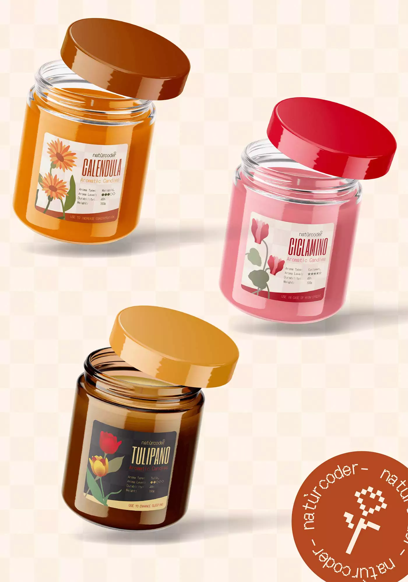 barattoli di candele colorati con il packaging di Naturcoder